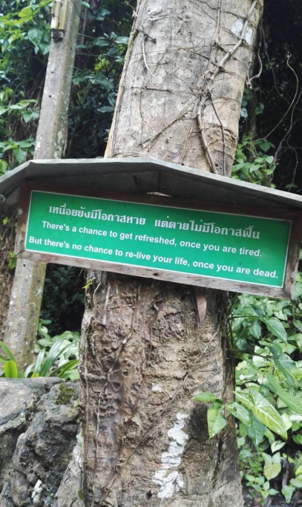 The image shows a sign with a Buddhist saying on it. Many of these signs can be found along the steps leading to Wat Tham Pha Plong.