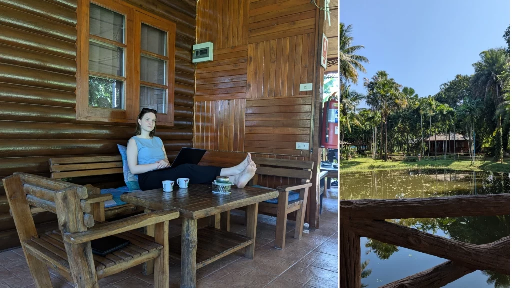 The photo shows the terrasse of a bungalow at Huan Chiang Dao resort on the right. On the left the photo shows the garden at Huan Chiang Dao Resort with a pond in the center of the image.