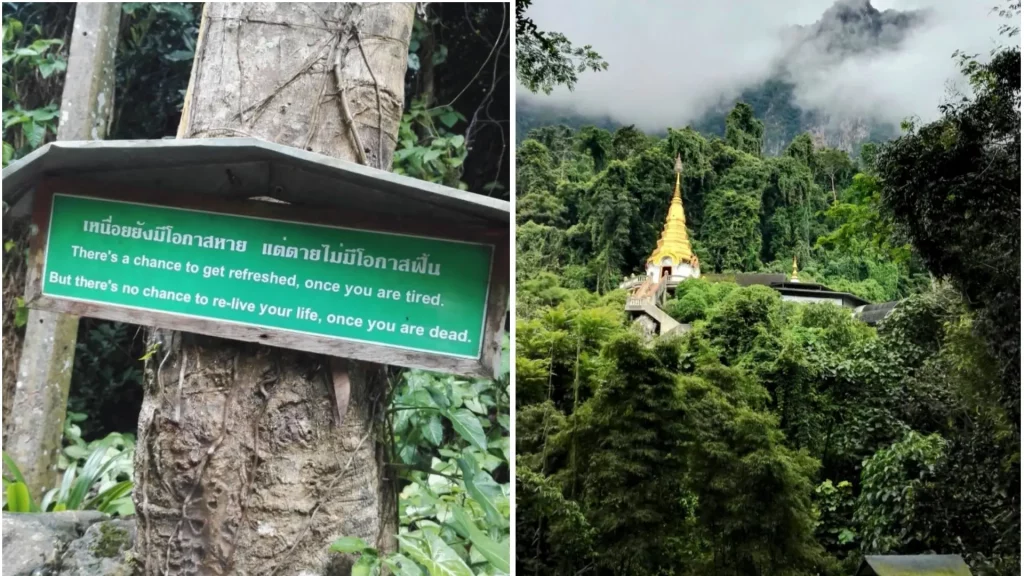 The left of the image shows a Buddhist proverb, the right shows Wat Tham Pha Plong surrounded by jungle