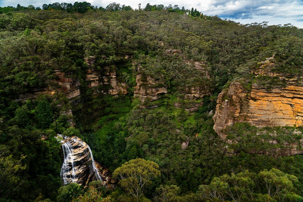 A view of the Jameson Valley and one of the many waterfalls in the Blue Mountains area