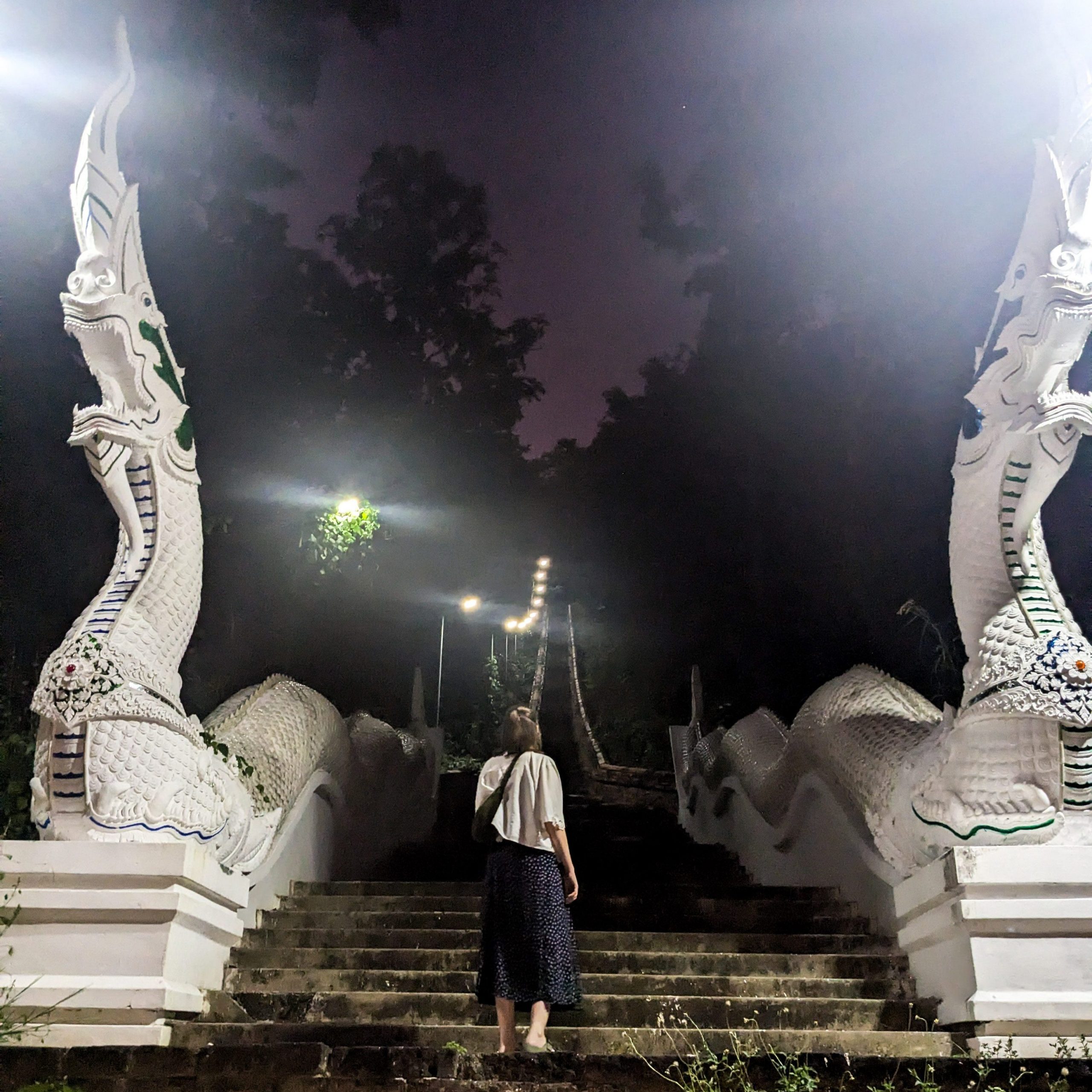 Woman standing a foot of stairs of Wat Phra Non
