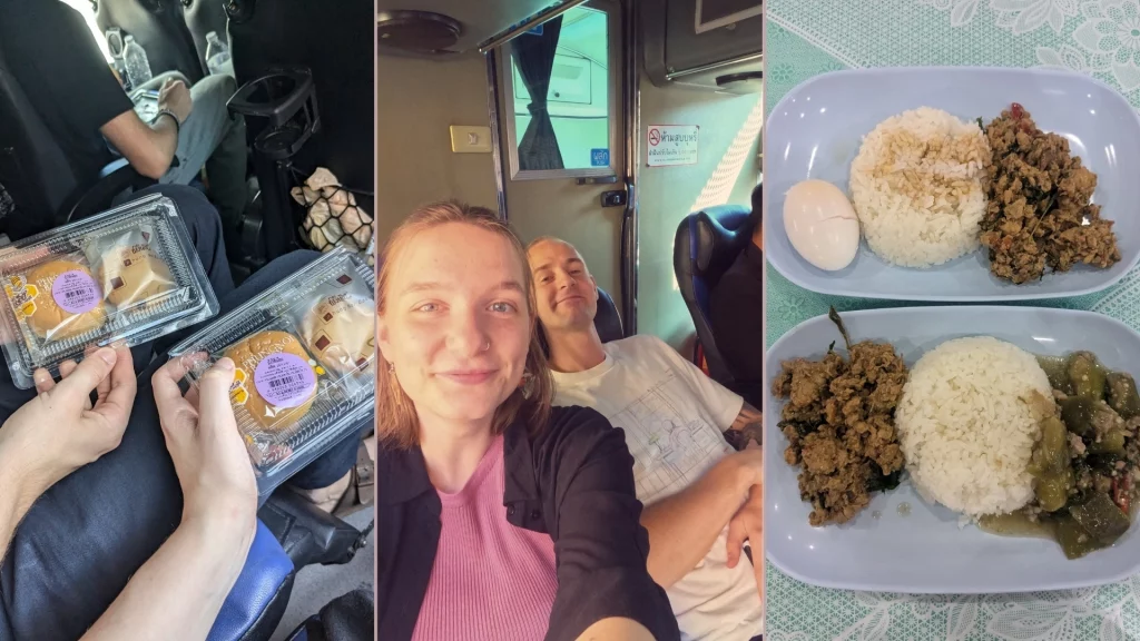 The centre image is a selfie of Emily and Tommas on a coach from Chiang Mai to Bangkok. The images on the left and right show snacks and the meal which were included in the ticket.