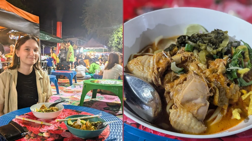 Left: Woman sitting at a table with Khao Soi: right: close up of the Khao Soi dish