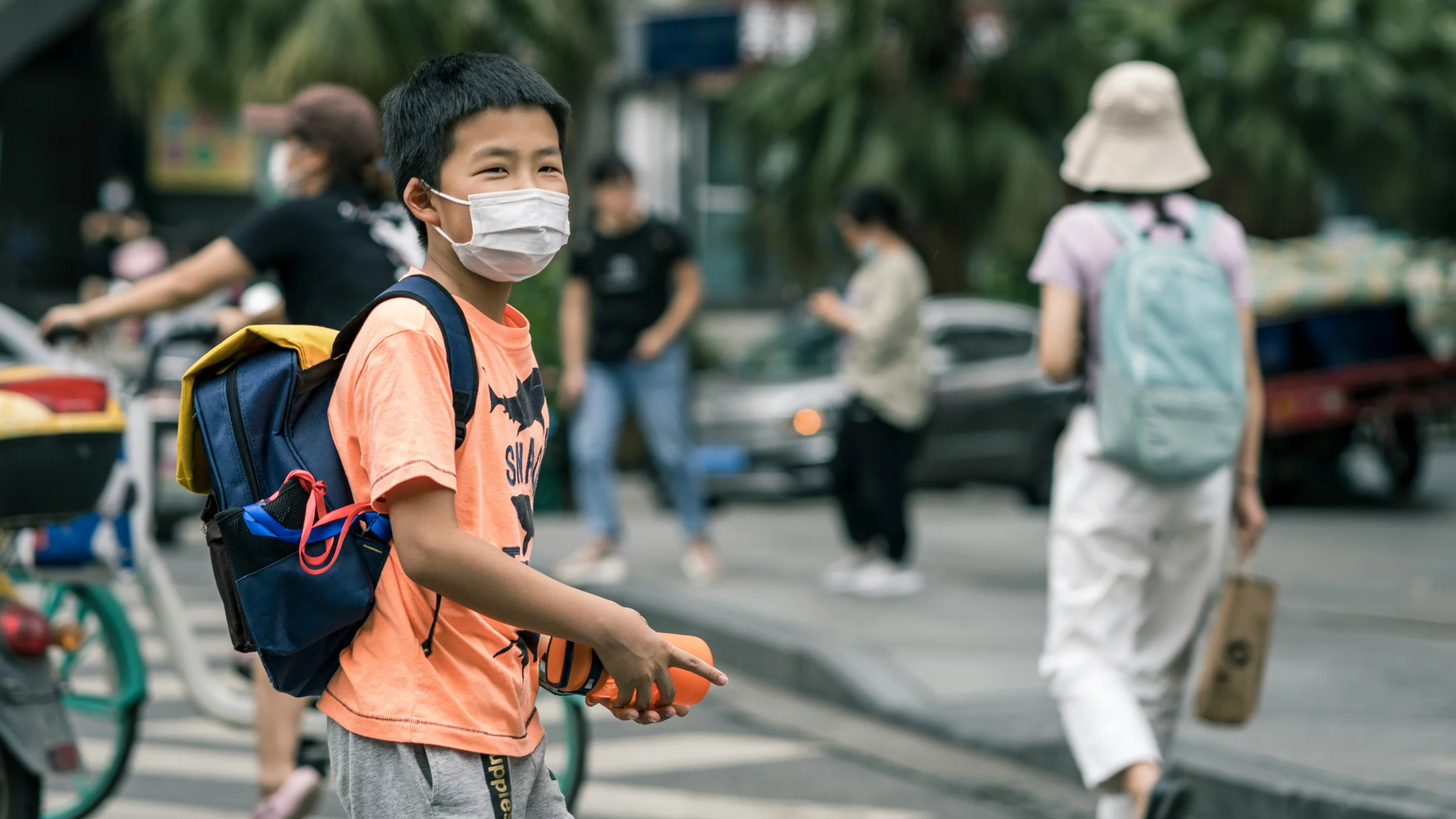 A box crossing the street while wearing a face mask