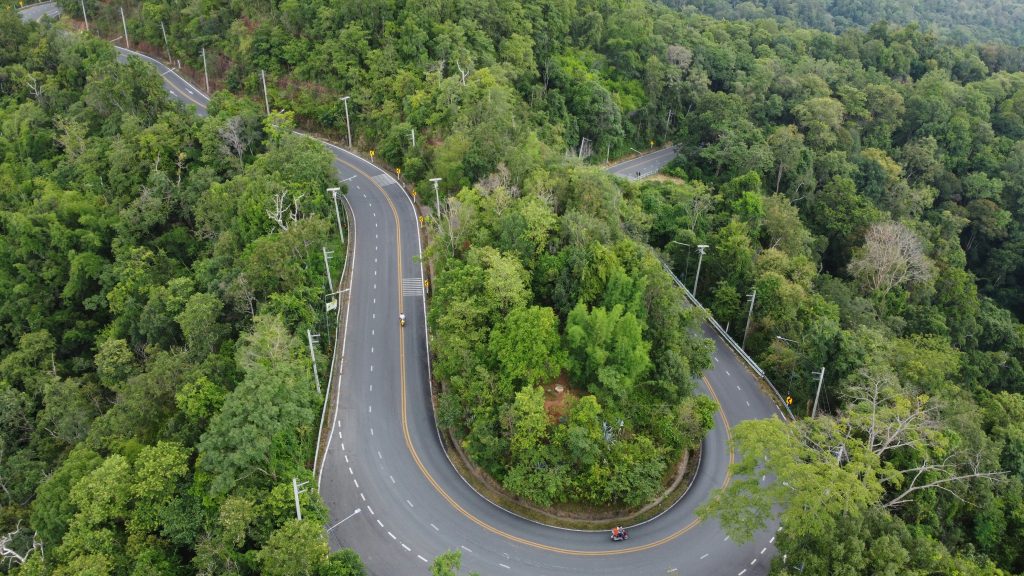 Aerial view of a steep curve along the Mae Hong Son Loop