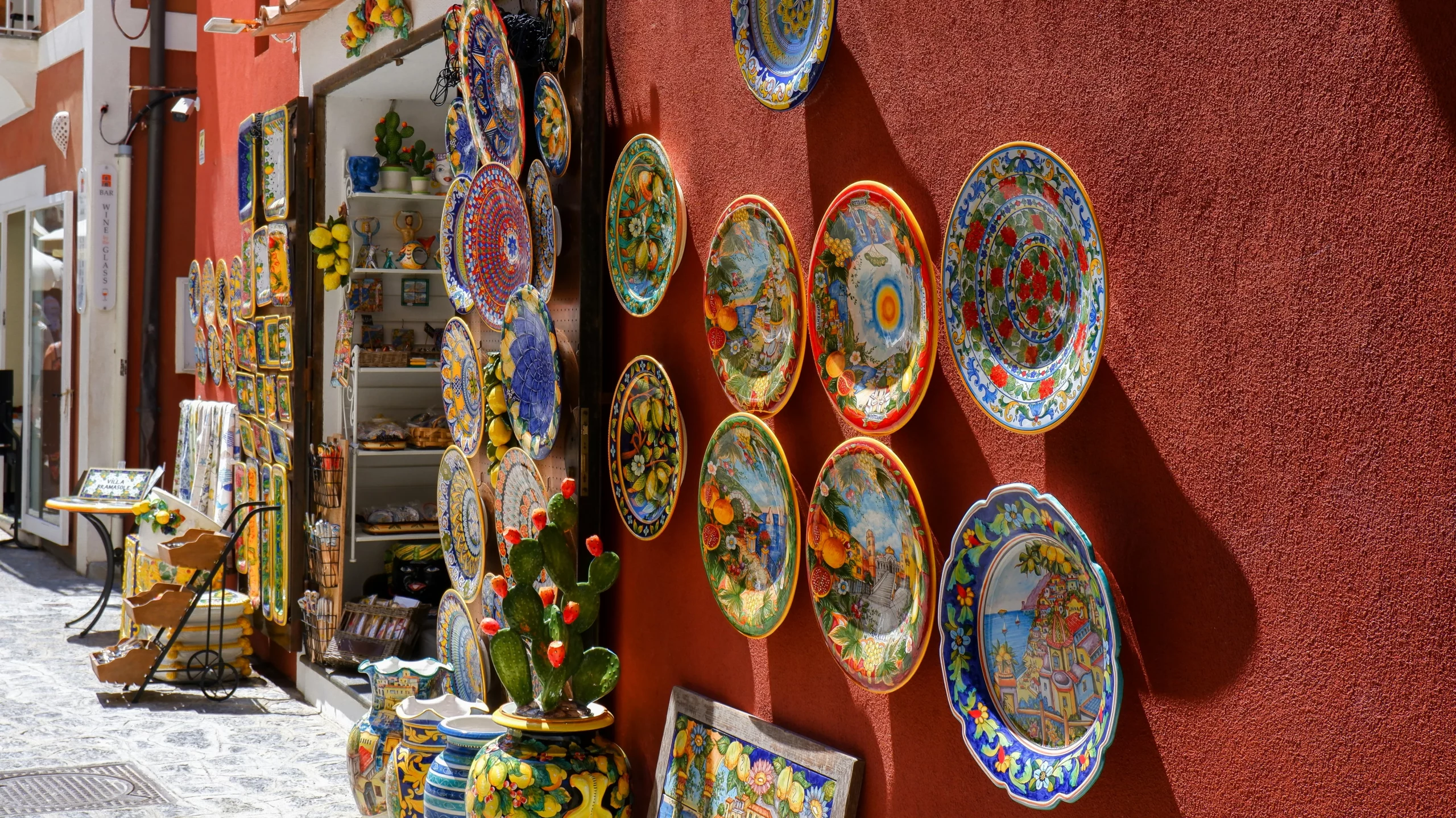 Plates and other ceramics designed with colouful patterns typical for the Amalfi Coast